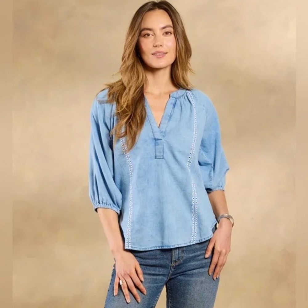 Sundance Dylan Anthropologie Jolie Embroidered Top In Chambray Size M